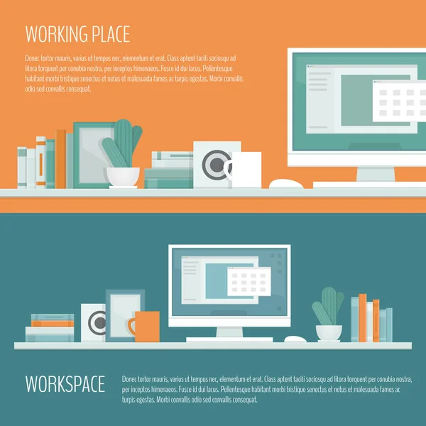 책상, 컴퓨터, 선반 및 장비 직장 프리랜서. 작업 영역 개념입니다. 홈 오피스입니다. 일 룸 현대적인 인테리어입니다. 평면 디자인 스타일, 벡터 일러스트 레이 션. — 스톡 벡터