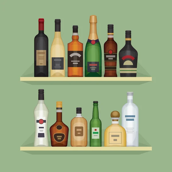 Una botella de alcohol diferente en el estante. Bebidas alcohólicas y bebidas. Estante con botellas en el bar. Estilo de diseño plano, ilustración vectorial . — Vector de stock