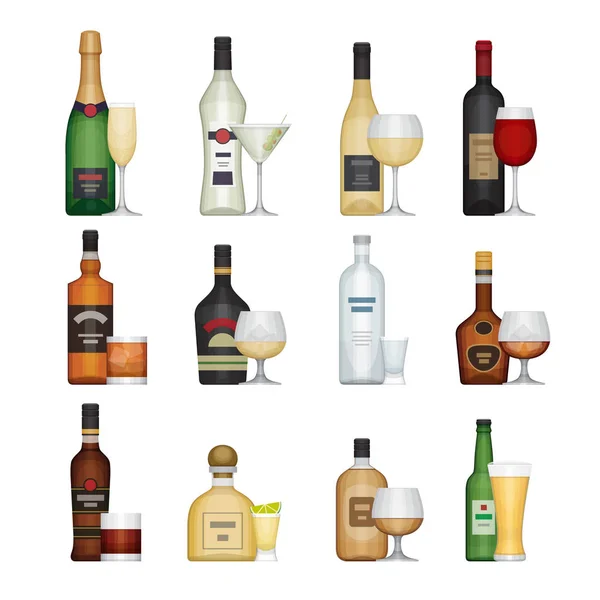 Set di bottiglia di alcol con bicchieri. Bevande alcoliche e bevande. Stile di design piatto, illustrazione vettoriale . — Vettoriale Stock