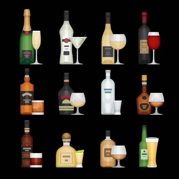 Набор алкогольной бутылки с очками. Алкогольные напитки и напитки. Плоский дизайн, векторная иллюстрация . — стоковый вектор