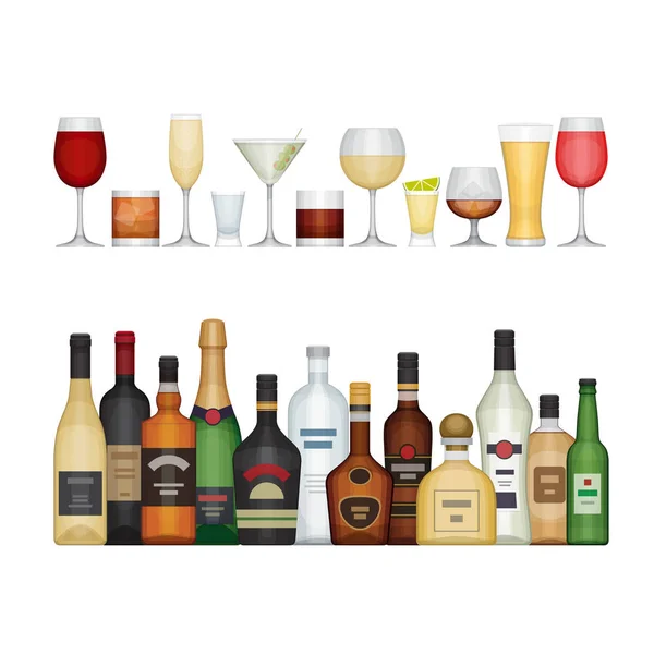Набор различных бутылок и стаканов. Алкогольные напитки и напитки. Плоский дизайн, векторная иллюстрация . — стоковый вектор
