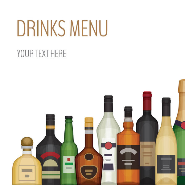 Карта с другой бутылкой алкоголя. Алкогольные напитки и напитки. Меню бара. Плоский дизайн, векторная иллюстрация
.