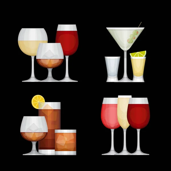 Conjunto de diferentes bebidas alcohólicas por vasos sobre fondo negro. Estilo de diseño plano, ilustración vectorial . — Vector de stock