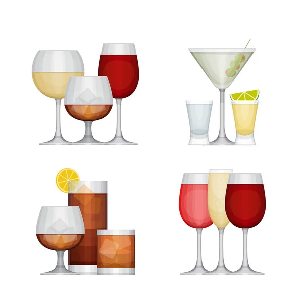 Conjunto de diferentes bebidas alcohólicas por vasos. Estilo de diseño plano, ilustración vectorial . — Vector de stock