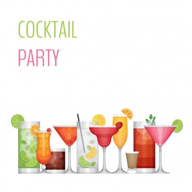 Kokteyl parti kartı. Kokteyl bar el ilanı. Düz tasarım stili, vektör çizim.