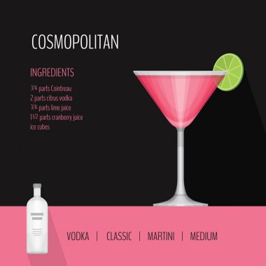 Kozmopolit bir kokteyl cam beyaz zemin üzerinde. Kokteyl menü kartı, tarifi. Düz tasarım, vektör çizim.