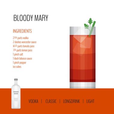 Kokteyl bloody mary beyaz zemin üzerine bir bardak. Kokteyl menü kartı, tarifi. Düz tasarım stili, vektör çizim.