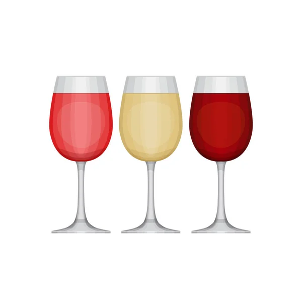 Készlet különböző borospohár, piros, rózsaszín és fehér. Féle bort. Lapos kivitel stílus, vektoros illusztráció — Stock Vector
