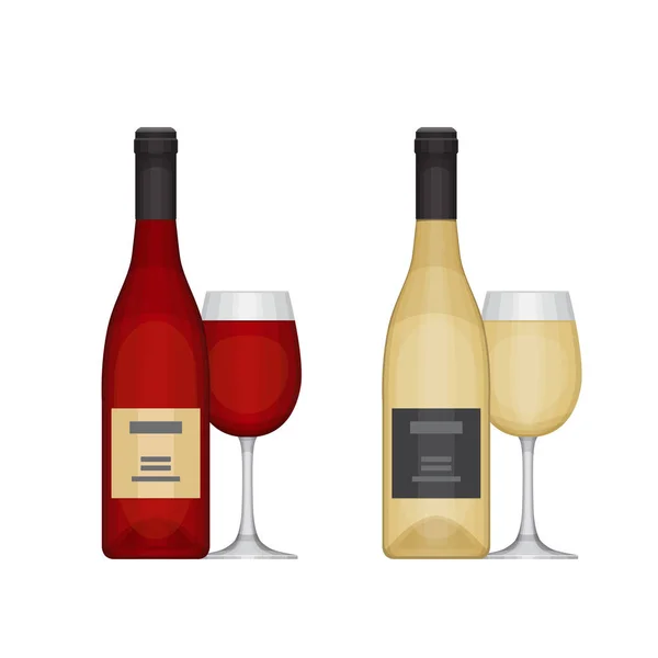 Набор различных бутылок вина с бокалами, красный и белый. Виды вина. Плоский дизайн, векторная иллюстрация . — стоковый вектор