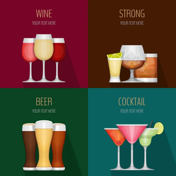 Cuatro tarjetas con diferentes bebidas alcohólicas. Vino, bebidas fuertes, cerveza y cócteles. Menú del bar. Estilo de diseño plano, ilustración vectorial . — Archivo Imágenes Vectoriales