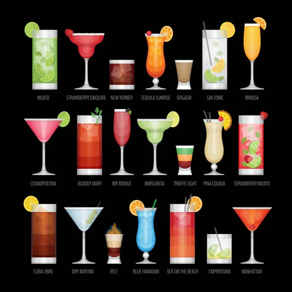 Set di icone piatte di cocktail alcolici popolari su sfondo nero. Stile di design piatto, illustrazione vettoriale . — Vettoriale Stock
