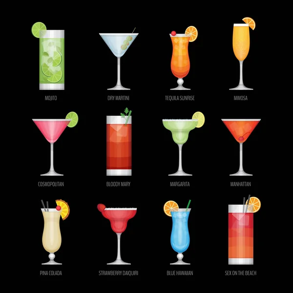 Platte iconen set van populaire alcohol cocktail op zwarte achtergrond. Platte ontwerpstijl, vectorillustratie. — Stockvector