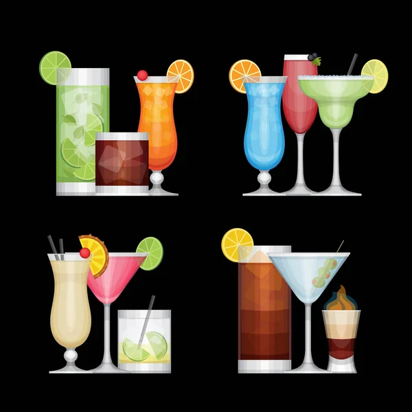 Set mit verschiedenen Alkoholcocktails in Gläsern. flacher Designstil, Vektorillustration. — Stockvektor