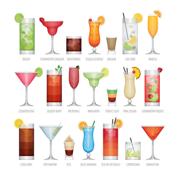 Flat icons set of popular alcohol cocktail. Flat design style, vector illustration.