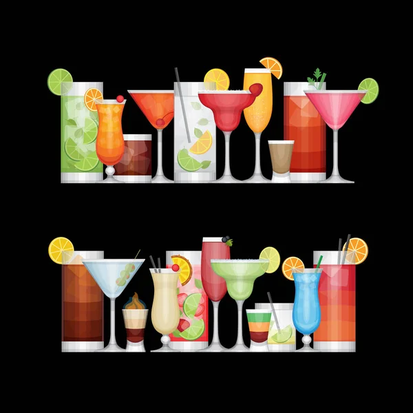 Различные алкогольные коктейли на черном фоне. Напитки и напитки. Плоский дизайн, векторная иллюстрация . — стоковый вектор