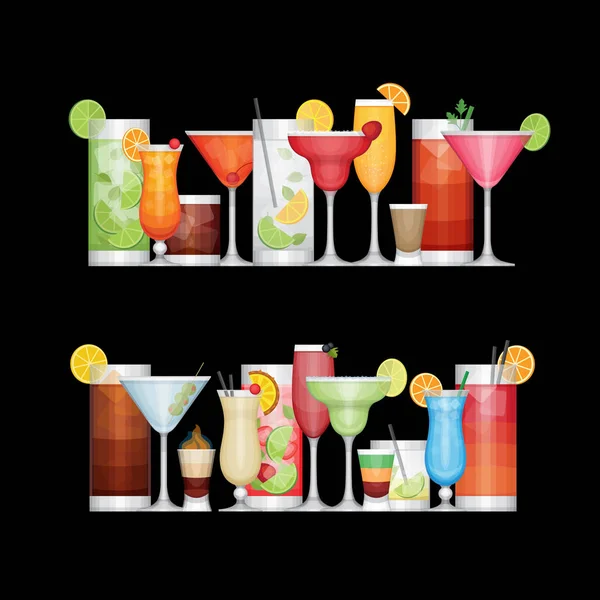 Different alcohol cocktail on black background. Drinks and beverages. Flat design style, vector illustration. — Stock Vector