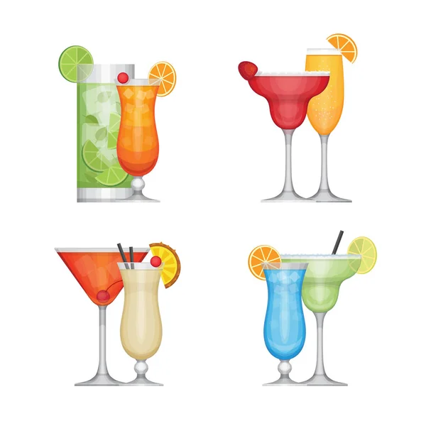 Набор различных алкогольных коктейлей по бокалам. Плоский дизайн, векторная иллюстрация . — стоковый вектор