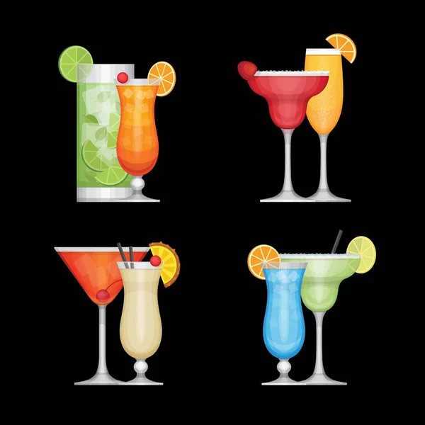 Ensemble de différents cocktails alcoolisés par verres. Style design plat, illustration vectorielle . — Image vectorielle
