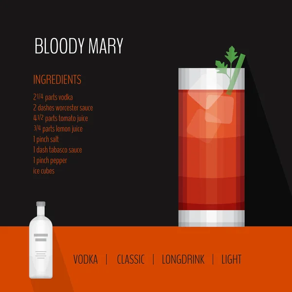 Copo de coquetel sangrento Mary em fundo preto. Cartão de menu de coquetel, receita. Estilo de design plano, ilustração vetorial . —  Vetores de Stock