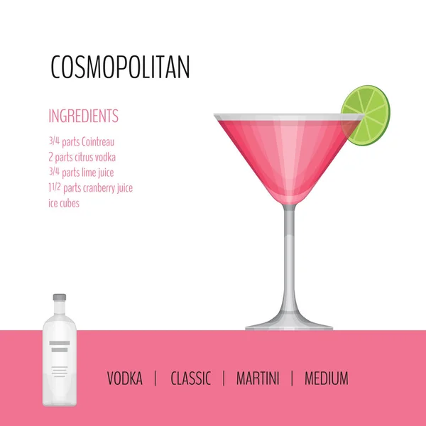 Un verre à cocktail cosmopolite sur fond blanc. Carte de menu cocktail, recette. Conception plate, illustration vectorielle . — Image vectorielle