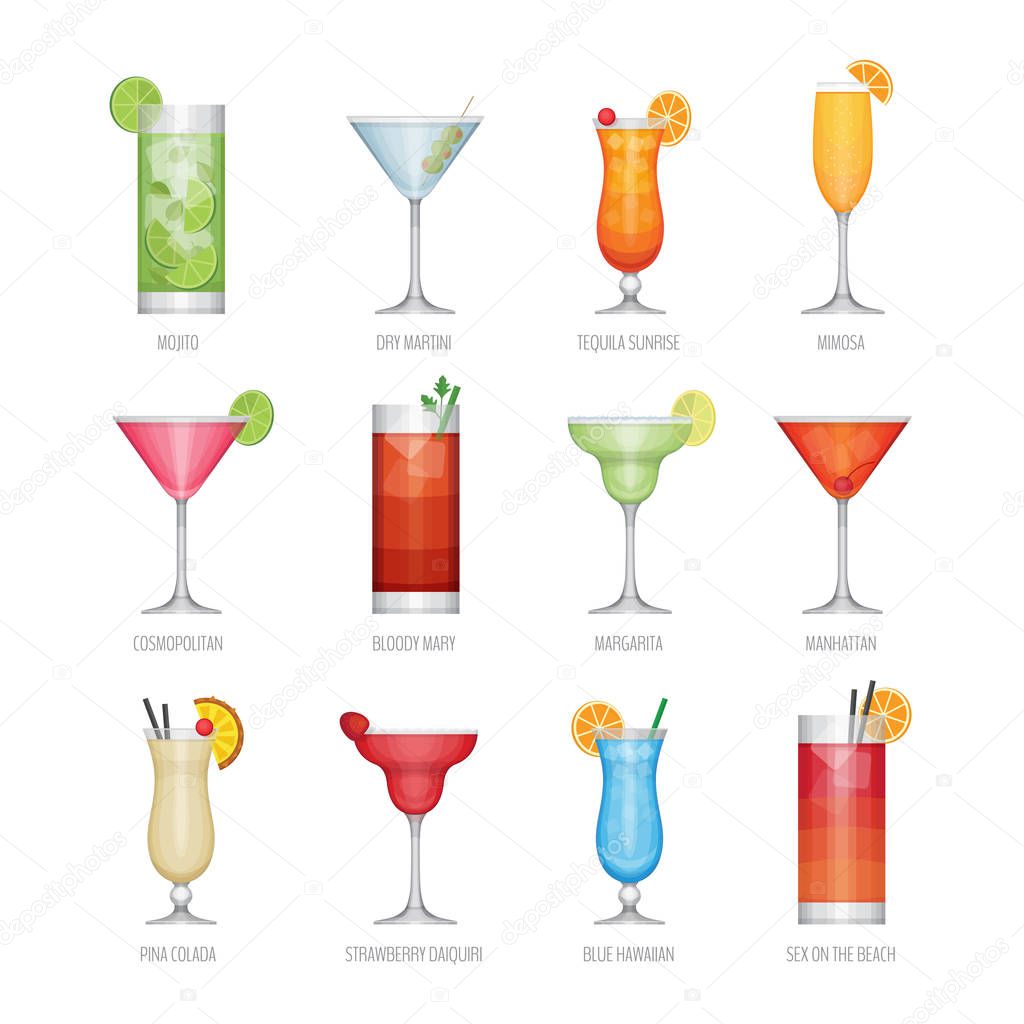 Flat icons set of popular alcohol cocktail. Flat design style, vector illustration.