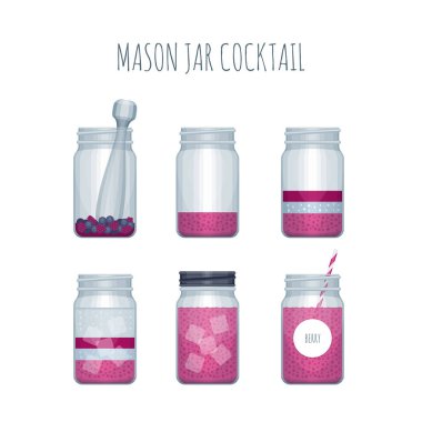 Nasıl Mason kavanoza kokteyl yapmak. Mason kavanoza kokteyl tarifi yaz. Vektör çizim.