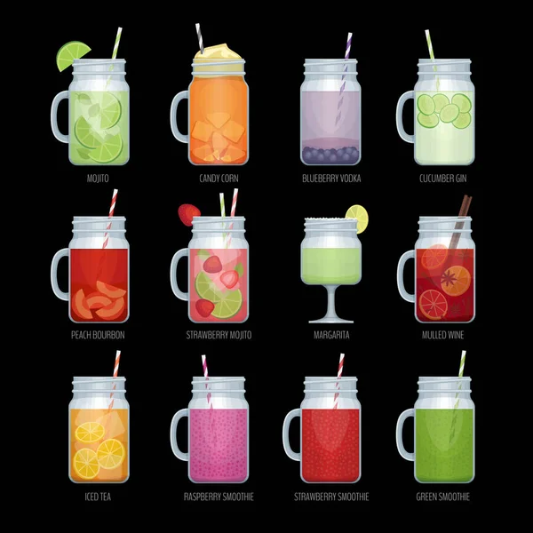 Ensemble de différents cocktails alcoolisés et pot de smoothie maçon. Menu de bar. Illustration vectorielle . — Image vectorielle