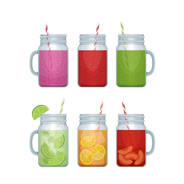 Sada různých alkoholu koktejl a smoothie mason jar. Barové menu. Vektorové ilustrace. — Stockový vektor