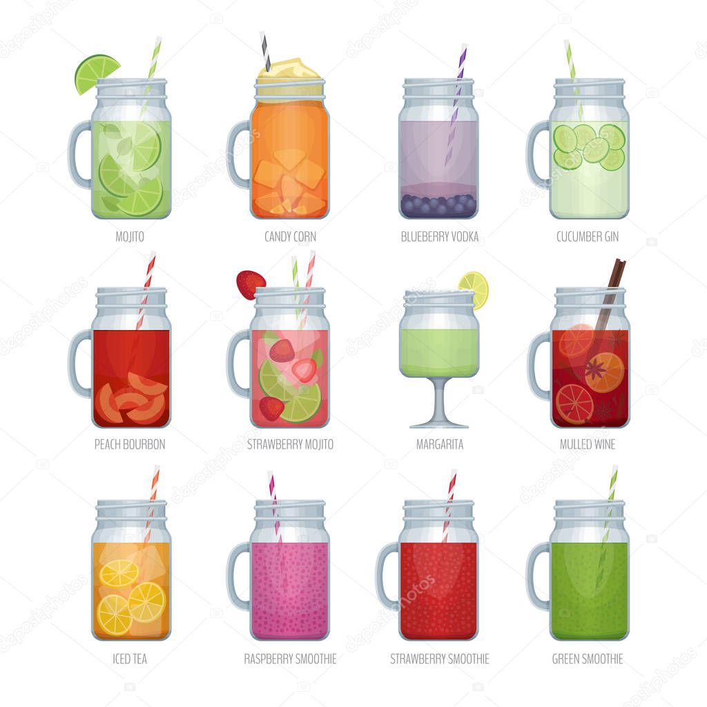 Set of different alcohol cocktail and smoothie mason jar. Bar menu. Vector illustration.