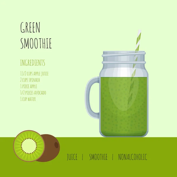 Grünes Smoothie-Einmachglas mit Rezepten und Zutaten. Smoothie-Bar-Menü. Vektorillustration. — Stockvektor