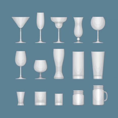 Farklı alkol boş gözlük dizi. Cam Icon set. Düz tasarım stili, vektör çizim.