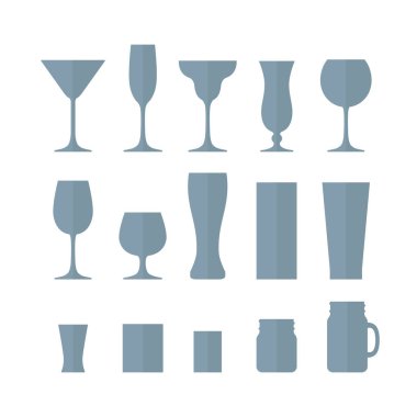 Farklı alkol boş gözlük dizi. Cam Icon set. Düz tasarım stili, vektör çizim.
