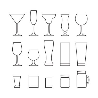 Anahat farklı alkol gözlük dizi. Satır Icon set. Düz tasarım stili, vektör çizim.