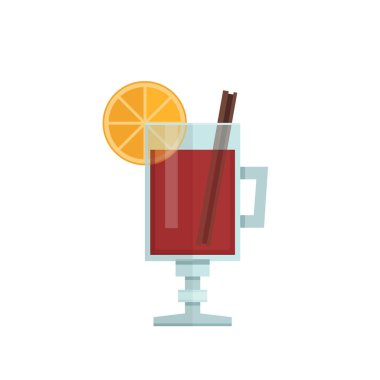 Portakal dilimli sıcak şarap ve tarçın çubuğu. Vektör illüstrasyonu, düz biçim.