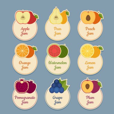 Meyve Icon set. Etiketleri meyve ile. Düz stil, vektör çizim.