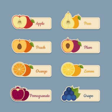 Meyve Icon set. Etiketleri meyve ile. Düz stil, vektör çizim.