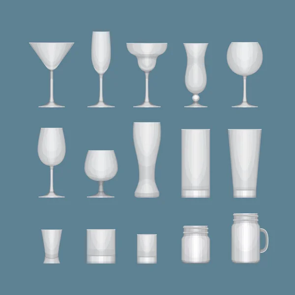 Conjunto de diferentes vasos vacíos de alcohol. Set de iconos de vidrio. Estilo de diseño plano, ilustración vectorial . — Archivo Imágenes Vectoriales