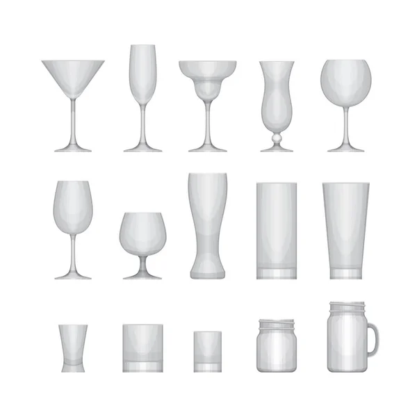 Ensemble de différents verres vides d'alcool. Ensemble d'icône en verre. Style design plat, illustration vectorielle . — Image vectorielle