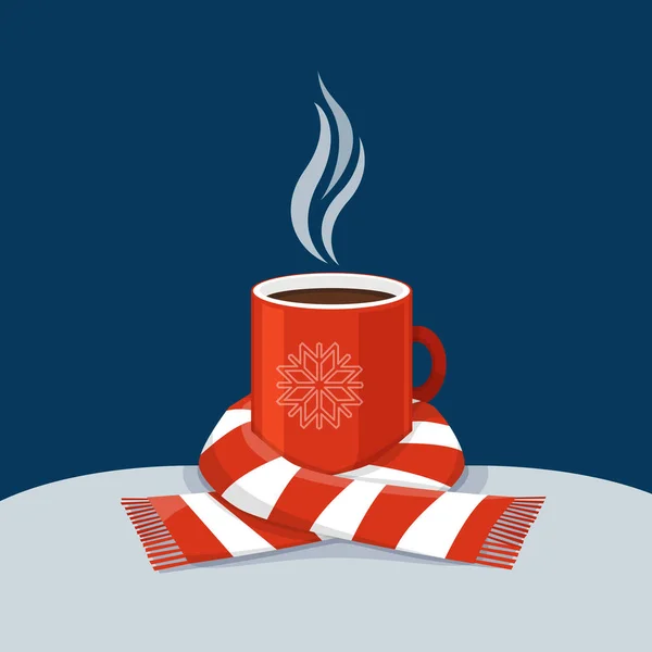 Caffè caldo in tazza rossa. Una tazza di caffe 'avvolta in una sciarpa. Sfondo invernale. Biglietto di Natale . — Vettoriale Stock
