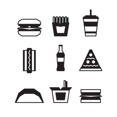 Fast food Icon set - hamburger, patates kızartması, soda, pizza, hotdog, yemek, sandviç, şehriye. Vektör çizim.