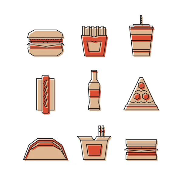 Set de iconos de línea de comida rápida: hamburguesa, papas fritas, refrescos, pizza, hot dog, tacos, sándwich, fideos. Ilustración vectorial . — Vector de stock