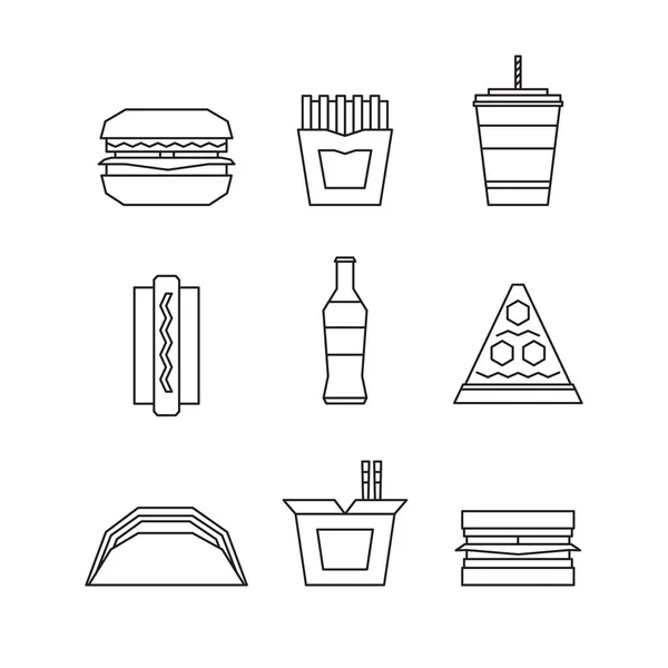 Set di icone della linea fast food - hamburger, patatine fritte, soda, pizza, hot dog, tacos, sandwich, tagliatelle. Illustrazione vettoriale . — Vettoriale Stock