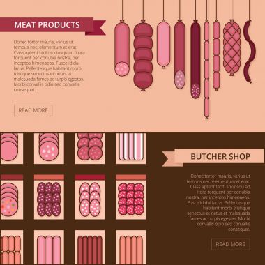 Kasap dükkanı afiş. Et ve mangal sucuk ürünleri. Çeşitli sosis. Düz stil. Vektör çizim. 