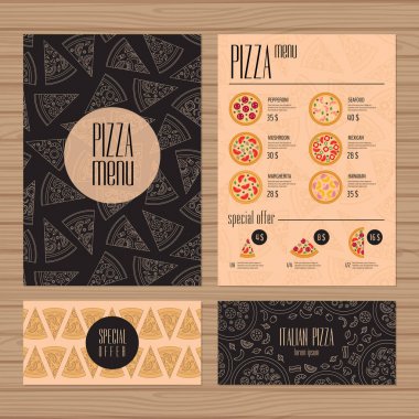 Pizza menü tasarımı. A4 boyutu ve el ilanı düzeni şablonu. Restoran broşür çağdaş çizgi grafiği ile. Ön sayfa ve arka sayfa. Vektör çizim.