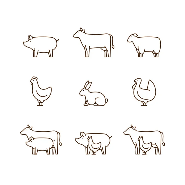 Conjunto de iconos de animales de granja. Cerdo, vaca, cordero, pollo, pavo, conejo. Icono para la carnicería. Ilustración vectorial . — Vector de stock