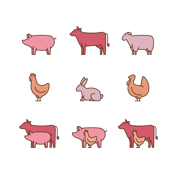 Conjunto de iconos de animales de granja. Cerdo, vaca, cordero, pollo, pavo, conejo. Icono para la carnicería. Ilustración vectorial . — Vector de stock