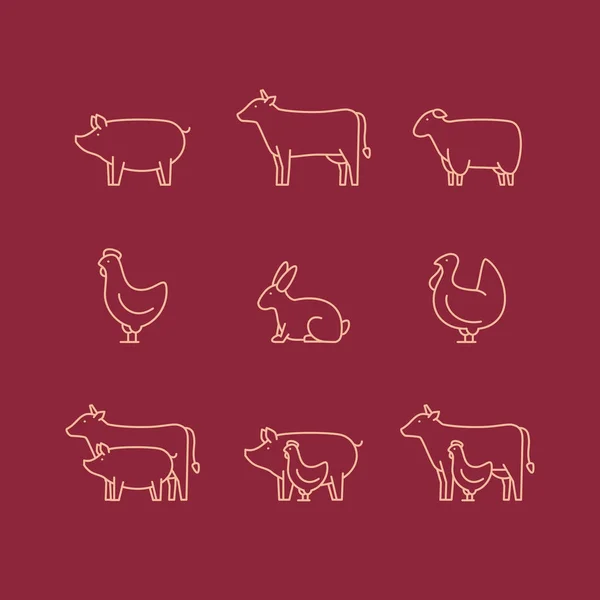 Symbolset für die Umrisse von Nutztieren. Schwein, Kuh, Lamm, Huhn, Pute, Kaninchen. Symbol für Metzgerei. Vektorillustration. — Stockvektor