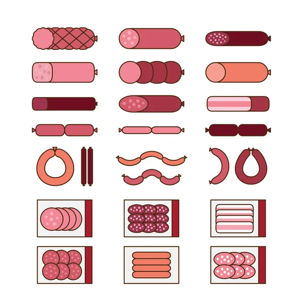 Wurstsammlung. verschiedene Würstchen und Fleischprodukte Symbolset. — Stockvektor