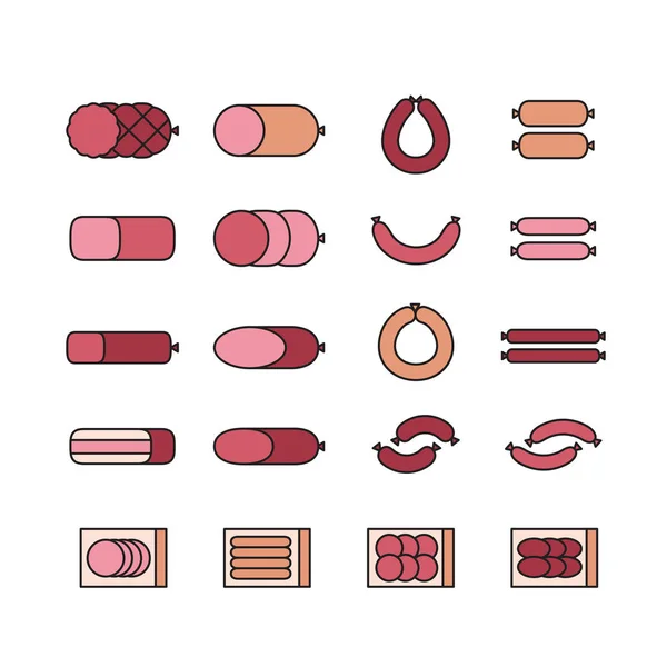 Wurstsammlung. verschiedene Würstchen und Fleischprodukte Symbolset. — Stockvektor