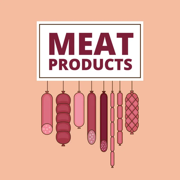 Banner de talho. Carne e produtos de salsicha de churrasco. Várias salsichas. Estilo plano. Ilustração vetorial . — Vetor de Stock